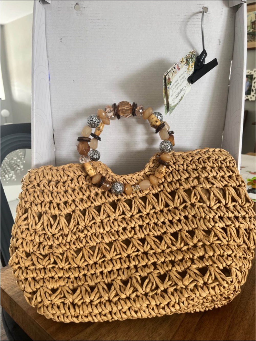 Handwoven Straw Tote with Beaded Handle - Camel